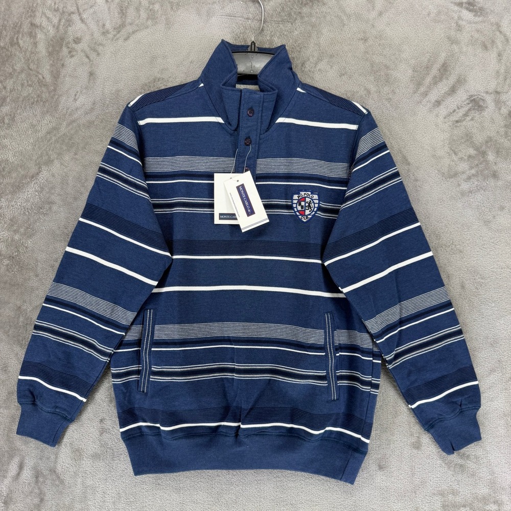 Monte Carlo Sweatshirt Mens Medium Blue Striped Mock Neck Button Pullover Polo